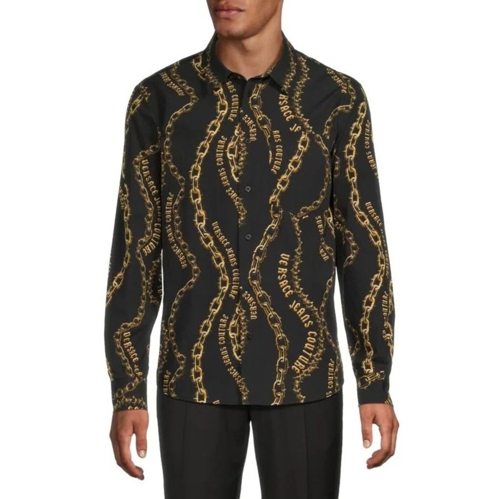 Versace Jeans Couture Long Sleeve Shirt Mens M 50IT Chain Logo Black Gold NWT